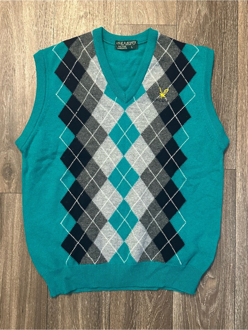 Lyle & Scott New Zealand Green Argyle 100% Lambswool Sweater Vest Size L Golf